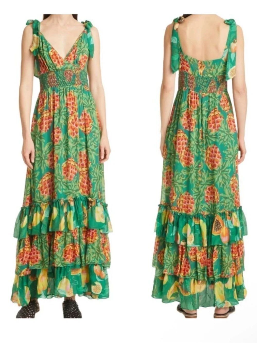 NWT FARM RIO Pineapple Galore Smocked Waist Maxi Dress L